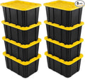 Sterilite 8-Pack 27 Gallon Industrial Storage Tote, Heavy-Duty Plastic Bins, Black/Yellow - Stackable Utility Organizers with Lids for Garage, Camping Tools, and Outdoor Gear