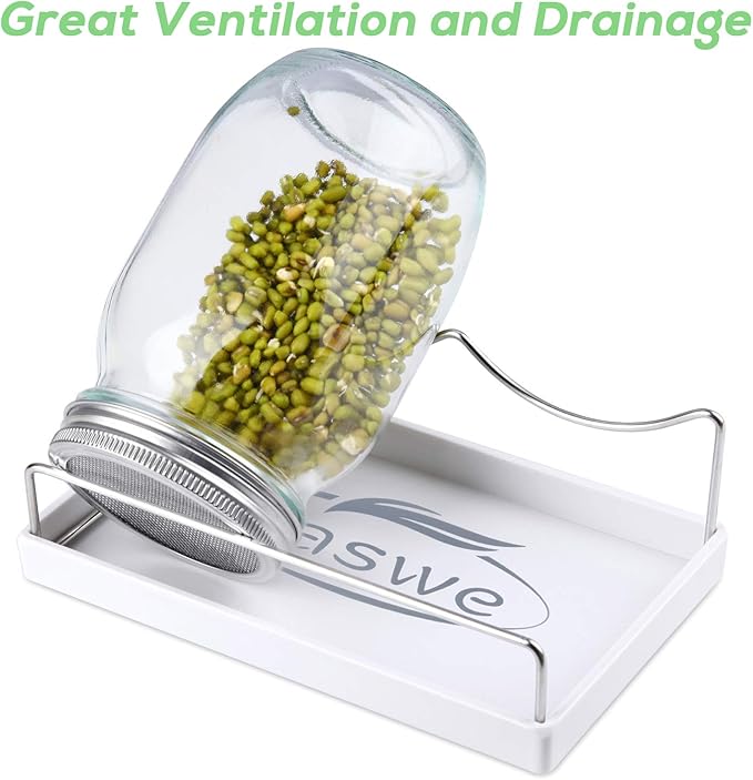Seed Sprouting Jar Kit | 2 Wide Mouth Mason Jars & Stainless Steel Screen Lids,Tray,Stand and Canning Brush | Sprouter Set to Grow Broccoli, Alfalfa,Organic Microgreens Sprouts & Mung Bean (White)