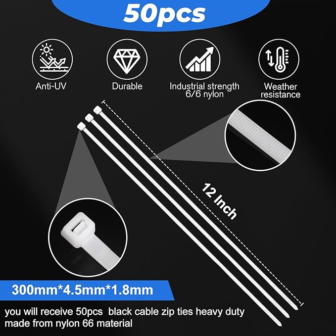 Shappy 50 Pcs Zip Ties Heavy Duty Strong Large Cable Wire Ties Zip Industrial Sturdy Wire, Awnings Tying Branches Bundling of Crops Fixed Water Pipes(12 Inch,White)