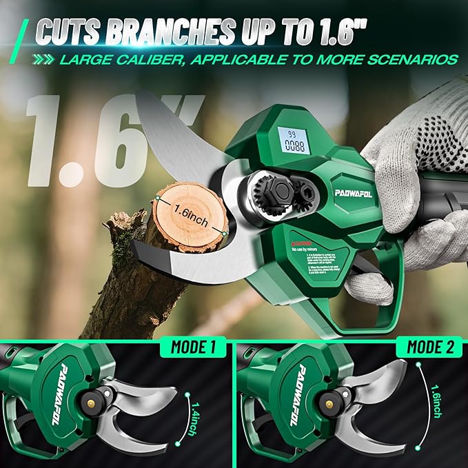 Electric Pruning Shears, 1.6 inch (41mm) Cutting Diameter Cordless Electric Scissors with LCD Display, 21V Brushless Motor Branch Cutter with 2 PCS Rechargeable 2000mAh Batteries & 2 Blades (Green)