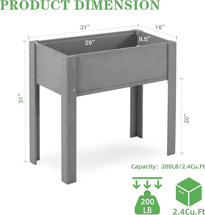 Raised Garden Bed with Legs (31x16x31''), Solid Wood Elevated Planter Box for Outdoor