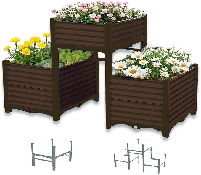 3PCS Raised Garden Beds Outdoor with Legs Planter Box, 47x16x21in Reinforced Support Rods, Drainage Grid, Multi-Combination Options for Vegetables, Flowers, Herbs, Ideal for Balcony, Patio Gardening