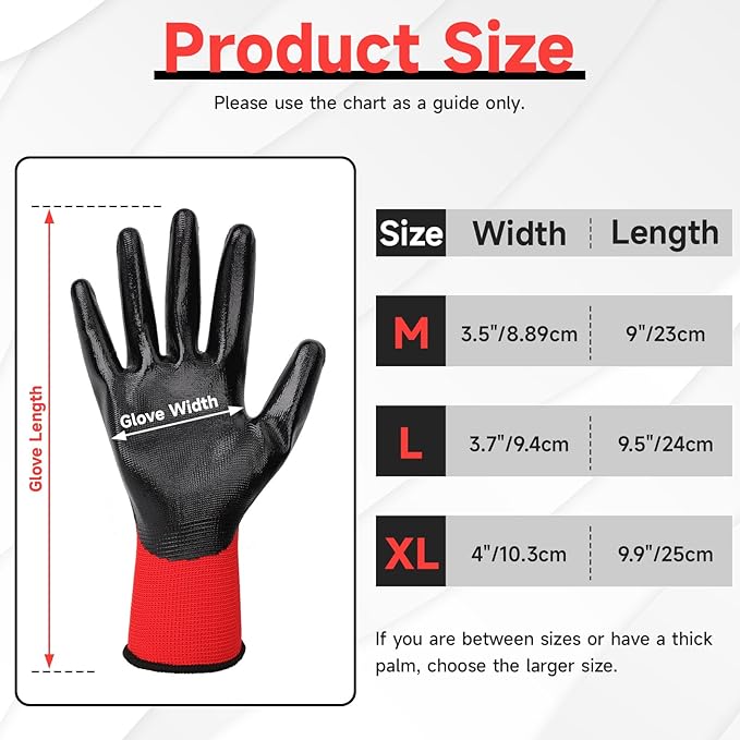 Nitrile Coated Work Gloves - 12 Pairs Red Construction Gloves for Women & Men Winter Work, Reusable Firm Grip Heavy Duty Gloves for Working, Gardening, Fishing, Climbing, Extra Large