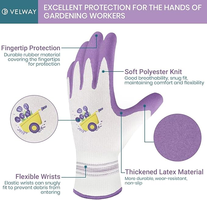 Velway 2 Pairs Gardening Gloves for Women - Breathable Rubber Coated Garden Work Gloves - Outdoor Protective Yard Gloves with Grip Gardening Gifts - Red & Purple Medium