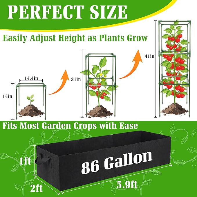 BobbleT Tomato Cages with Fabric Raised Garden Bed - 3 Pack 41" Adjustable Heavy Duty Square Trellis Supports with 86 Gallon Grow Bag, Reusable Outdoor Planter Kit for Tomatoes & Climbing Plants