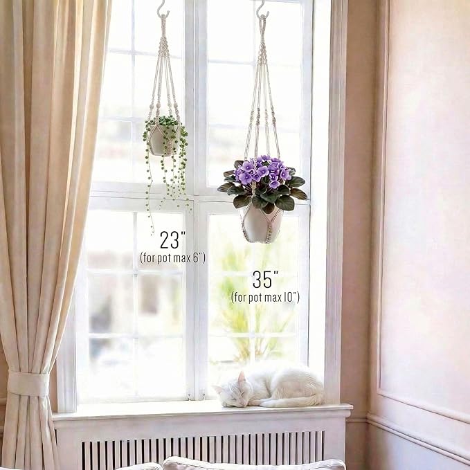 Macrame Plant Hanger 35", Set of 2 No Tassel Hanging Plant Holder, Sturdy Flower Pot Holder with 4 Hooks - Ivory
