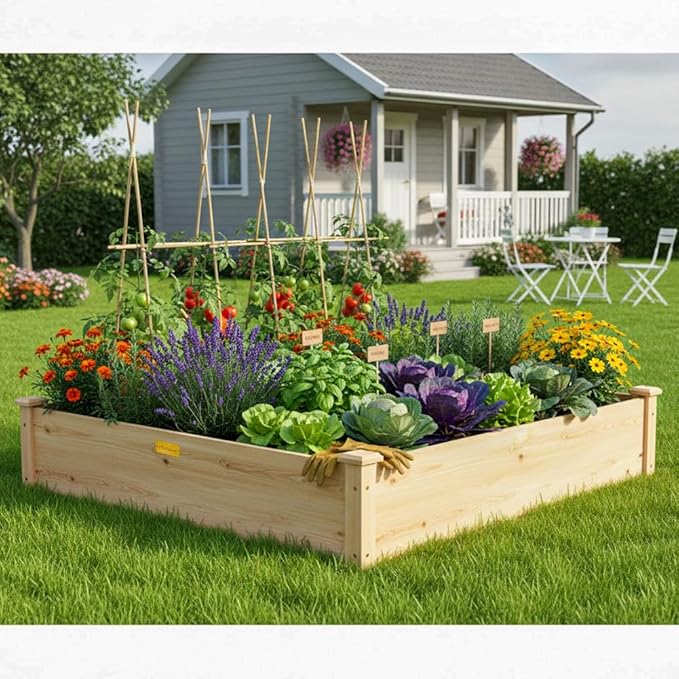 Hollyone 48" X 48" inches Wood Raised Garden Bed Frame Planters Wooden Elevated Planting Planter Box for Outdoor Herb Vegetables Flowers Grass Lawn Yard Patio - Natural 4×4ft