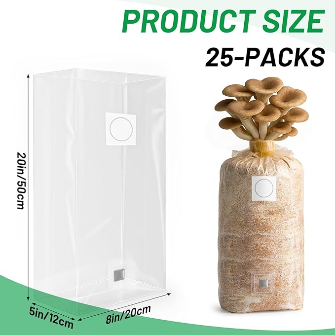 GREANER Mushroom Grow Bags 6 Mil, 8"x5"x20" Thick Autoclave Spawn Bags with Injection Port for Your Grain-25PCS