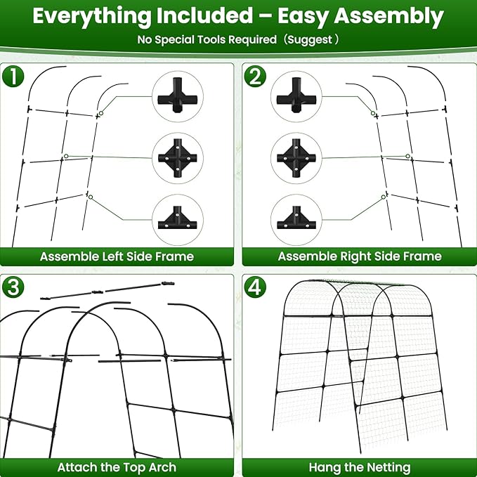 7.2FT Garden Arch Trellis for Climbing Plants, Heavy Duty 66" Wide Walk-Through Metal Arch with Netting, Wind-Resistant Vertical Garden Support for Cucumbers, Roses, Beans, Squash (65" Arch)