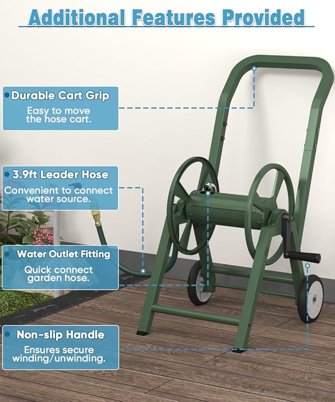 Garden Hose Reel Cart with Wheels, Holds 165 ft of 5/8’’ Hose Outdoor Heavy Duty Powder-coated Steel Water Storage Winder Holder with 3.9 Ft Leader Hose for Outside Lawn Yard, Green