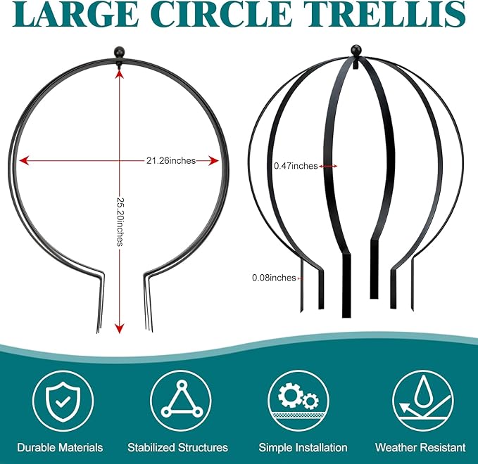2 PCS Metal Garden Round Trellis for Climbing Plants, Large Black Powder Coated Obelisk for Roses, Vines, Flowers, Patio Doorway Garden Decor Indoor Outdoor, Easy Assembly (25.2" x 21.3")
