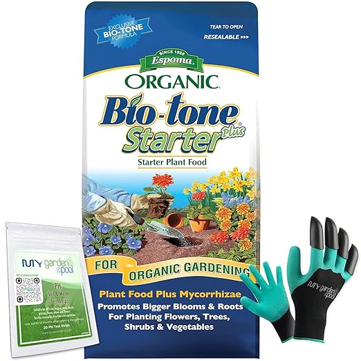 Espoma Bio-Tone Starter Plus 4 lb Natural & Organic Plant Food BTSP4 – Enhanced with Beneficial Microbes & Mycorrhizae, Complete Gardening Kit with My Garden Pool Soil pH Test Strips and Claw Gloves