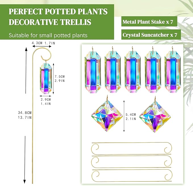 H&D HYALINE & DORA 7 Pack AB Colored Crystal Suncatcher Small Trellis Golden Plant Stake for Potted Plants Indoor Decoration 13.7 Inch