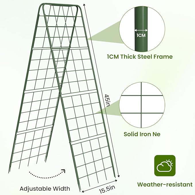 Heavy Duty A-Frame Metal Garden Trellis for Climbing Plants, 50"x17" Inch Tall Plant Support with Clips & Garden Ties for Cucumbers, Squash, Beans & Vines (2)