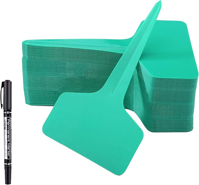 100 Pcs T-Type Plant Labels with a Gel Pen, Waterproof Nursery Plant Tags Plastic Garden Markers, Green, 6 x 10cm