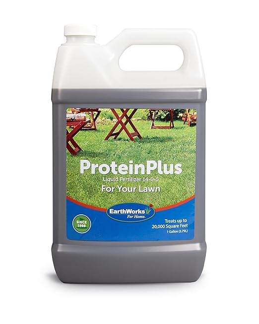 EarthWorks ProteinPlus Organic Liquid Fertilizer, Green Up Lawn Food with Essential Nutrients (Nitrogen, Carbon, Iron & Zinc), All Grass Types, Foil Spray Backpack or Hose End Applicators, 1 Gallon