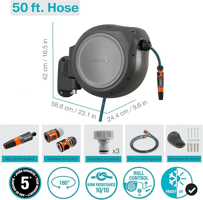 GARDENA (20500) Retractable Garden Hose Reel 50' x 1/2" hose, Wall Mounted, Automatic Retraction & Length Lock for Easy Watering. Heavy Duty Swivel Bracket 180°, Includes Nozzle. Made in Europe