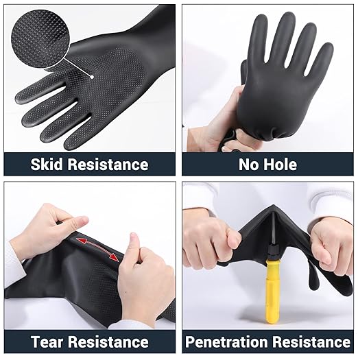 Thick Chemical Resistant Gloves, 3 Pairs 18" Long Anti Slip Diamond Grip Black Waterproof Alkali/Acid/Oil Resistant Reusable Heavy Duty Rubber Gloves for Cleaning, Dishwashing, Gardening