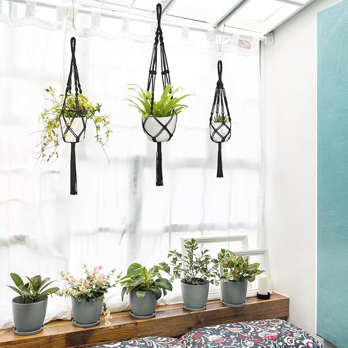 Mkono 3 Pack Macrame Plant Hangers, Different Sizes Hanging Planters Indoor Basket Decorative Flower Pots Holder Stand Boho Home Decor, Black