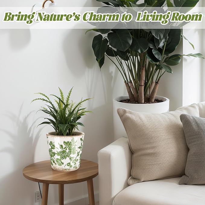 Beeveer Farmhouse Ceramic Planter 5.5 Inch Large Plants Pot Ice Crack Beige Green Flowers Plant Pots with Drainage Hole Indoor Plants Kitchen Rustic Antique Decor Gift