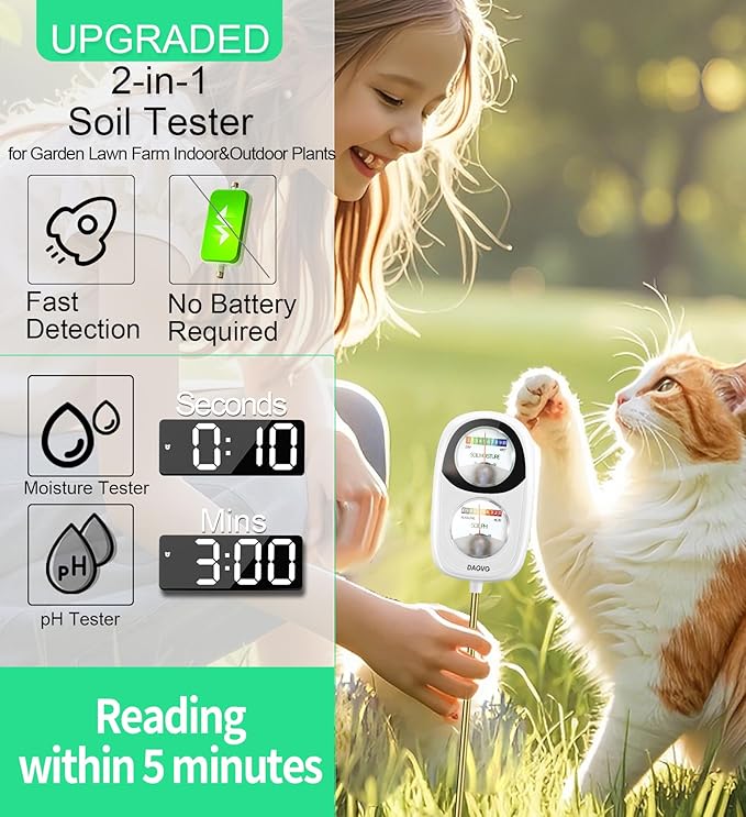 2-in-1 Moisture Meter for Plants, Soil Moisture Meter & PH Tester, Large Dual-Screen Soil Test Kit, Essential Garden Tools for Indoor/Outdoor Garden, Lawn, Farm, No Battery Needed