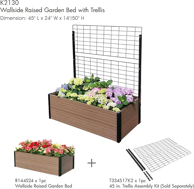 Everbloom Modular Wallside Wood Plastic Composite Raised Garden Bed with Open Bottom 45” L x 24” W x 14” H-Revitalize Your Green Space with The Ultimate Yard Planters for Veggies, Flowers&Herbs