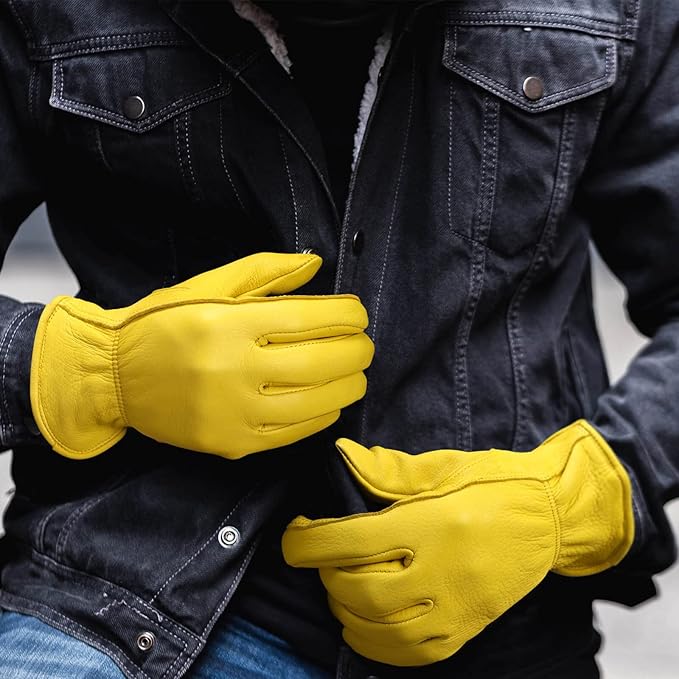 OZERO Leather Work Gloves: Mens Deerskin Gloves Soft Breathable Abrasion Resistant Gardening Firewood Glove - for Driving Riding Yardwork Ranch Farm Hunting Garage DIY for Men & Women (Gold,L)