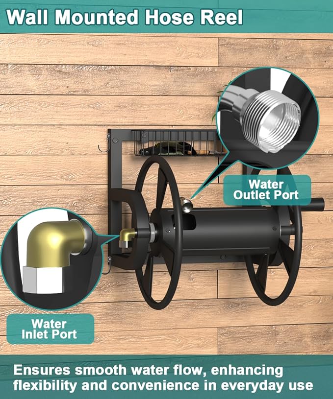 Outdoor Wall Mounted Hose Reel with Hook, Garden Heavy-Duty Water Holder Winder with 3.9 ft Leader Hoses, Brass Fitting and Storage Basket for Yard, Holds 125 Ft of 5/8-Inch Hose, Black