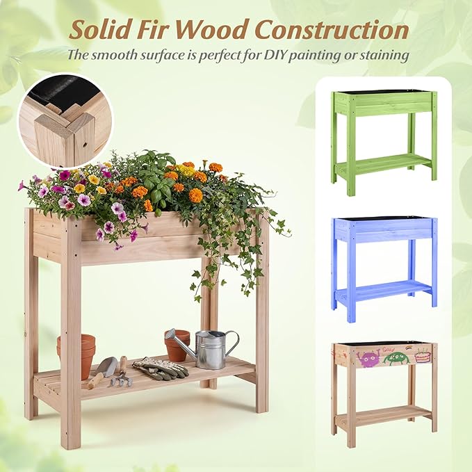 Giantex Wood Raised Garden Bed w/Lower Shelf, Planter Box with Legs for Flower Herb Vegetable Fruit, Indoor Outdoor Elevated Raised Beds for Gardening, Backyard, Patio, Balcony
