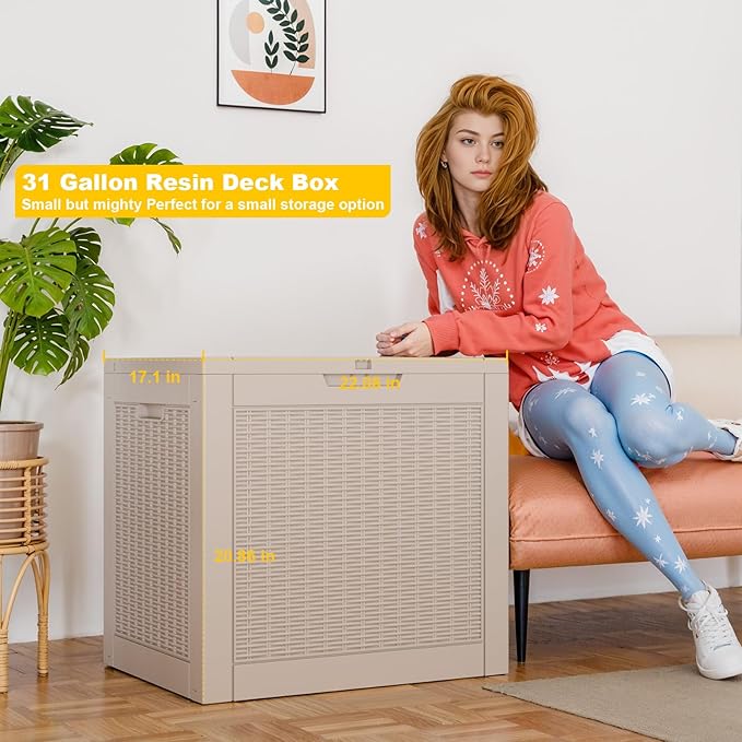 Vixzen 31 Gallon Resin Deck Box, Lockable Outdoor Storage Box for Patio Cushions Storage Furniture,Garden Tools, Pool Supplies, Weatherproof and UV Resistant（Grey，31 Gallon）
