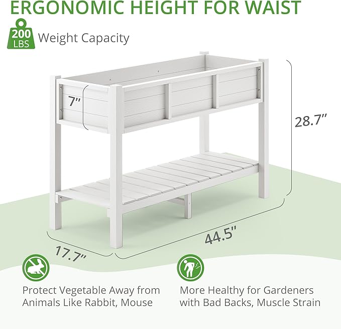 LUE BONA Raised Garden Bed with Tools, 45*18*29 in, Poly Elevated Planter Box with Legs And Storage Shelf, Weather Resistant, 3-Year Warranty, Standing Growing Bed Herb Planter for Vegetable, White