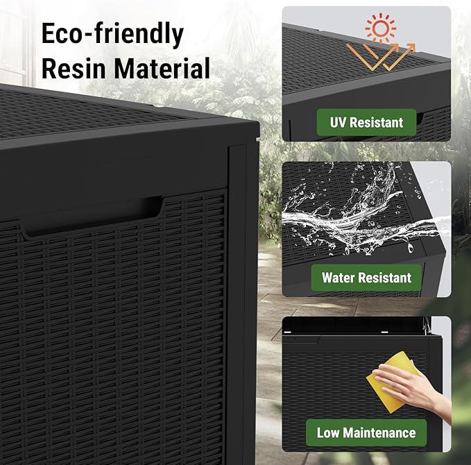 Mars Villa 100 Gallon Deck Box, Large Resin Outdoor Storage Box Waterproof, for Outside Patio Furniture Cushions, Pool Supplies, with Hydraulic Hinge, UV-Resistant and Weatherproof, Rattan Black