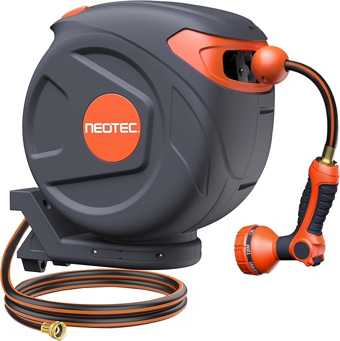 Upgraded Retractable Garden Hose Reel 1/2 inch x 85 ft Any Length Lock 9 Pattern Nozzle Wall-Mounted Automatic Slow Return 180° Swivel UV Resistant Heavy Duty Hose Reels for Outside