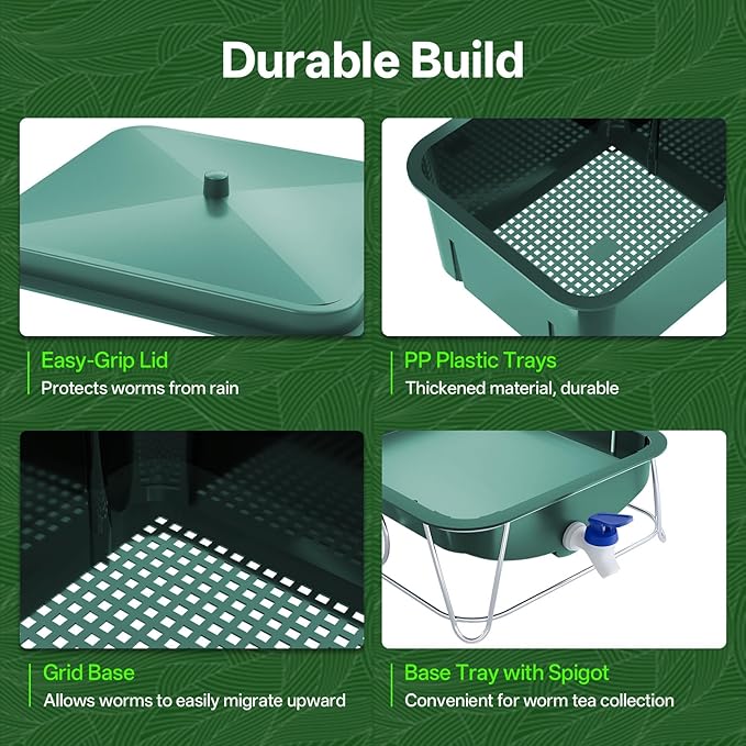 3-Tray 15L Worm Farm Composting Bin with Tool Set - Efficient Indoor/Outdoor Composter for Organic Waste Recycling, Beginner-Friendly Kit for Healthier Plants (Green)