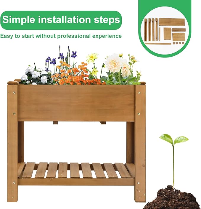 Raised Garden Beds Outdoor With Legs, Wood Elevated Garden Box With L-Connection Tabs，Storage Shelf , Leg Reinforcement，Suitable For Vegetables, Flowers And Herbs, Easy To Assemble, 33.5X18X 30IN