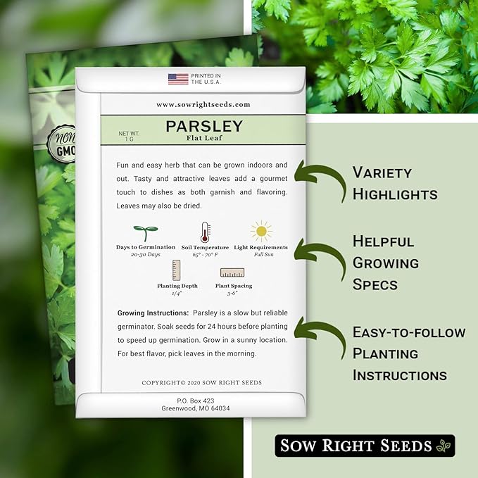 Sow Right Seeds - Flat Leaf Parsley Seed for Planting - Non-GMO Heirloom Packet with Instructions to Plant and Grow a Kitchen Herb Garden - Indoor or Outdoor - Great for Hydroponics Growing (4)