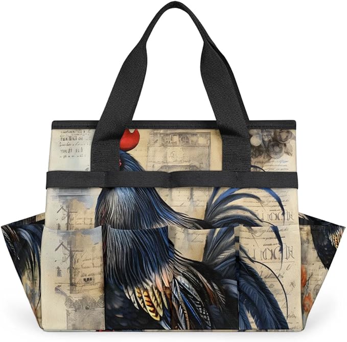 Garden Tool Bag Organizer Garden Tote Bag with Pockets Rooster Watercolor Flowers Tool Storage Organizer Gardening Tool Kit Holder 13" x 6.8" x 2.8"