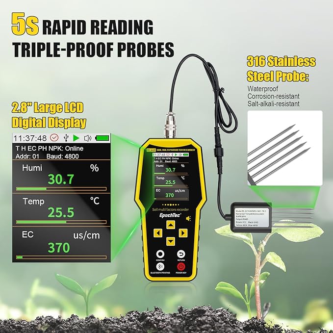 7 in 1 Soil Tester, ±1% High Precision Digital NPK Tester with Soil PH Meter/Moisture/Temperature/EC Monitor, Soil Test Kit for Geological Survey, Agriculture, Plant with Data Storage &Export