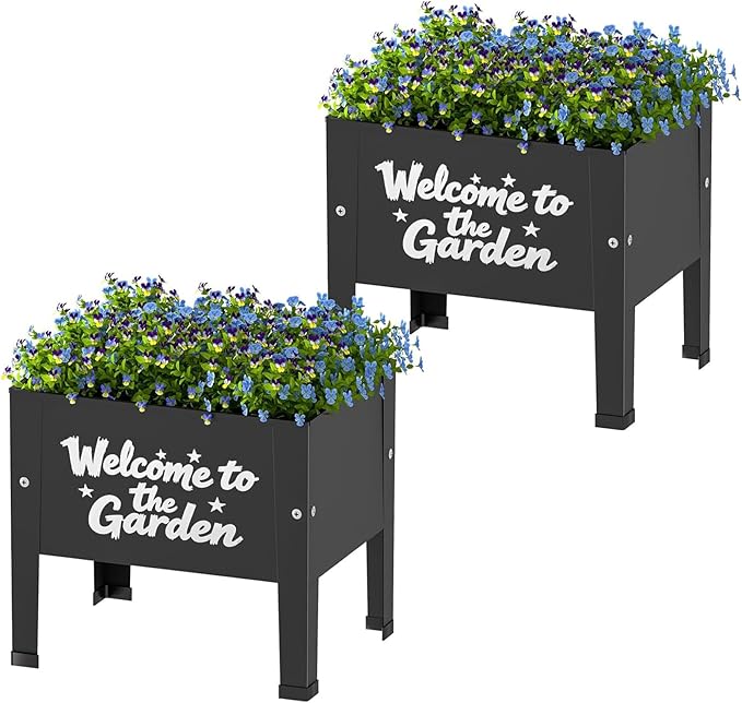 aboxoo 14 inch Spray-Painted Style Planter Raised Beds with Legs Outdoor Small Metal Planter Box Elevated Garden Bed for Vegetables Flower Herb Patio(Black)