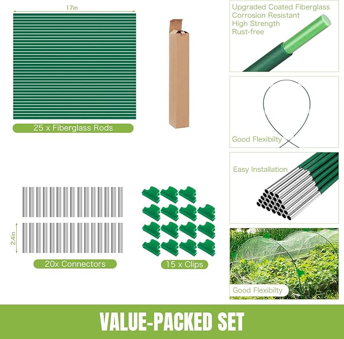 Joyhalo Garden Hoops for Raised Beds, 25pcs (5 Sets of 7ft) Fiberglass Hoops with PVC Coating, DIY Greenhouse Tunnel for Row Cover, Bird Netting & Plant Protection, Extend Growing Season