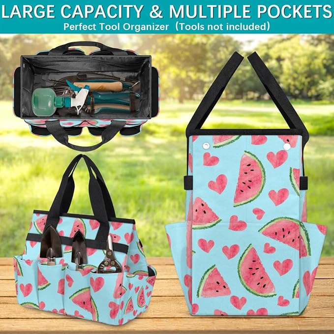 Garden Tool Bag Organizer Garden Tote Bag with Pockets Watermelon Heart Tool Storage Organizer Gardening Tool Kit Holder 13" x 6.8" x 2.8"