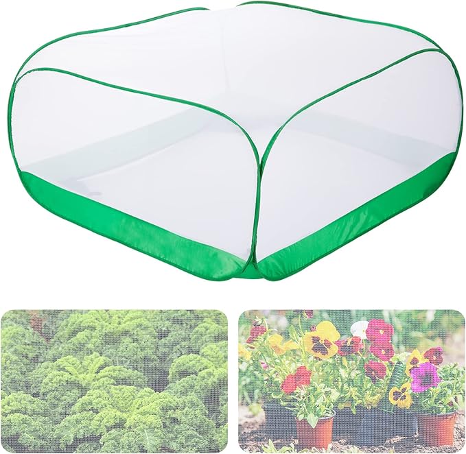 Pop Up Garden Netting for Square Raised Beds - 3.3'L x 3.3'W x 1.65'H Ultra Fine Mesh Net Plant Cover with 4 Stakes, Protection for Vegetables Fruit from Birds Pests