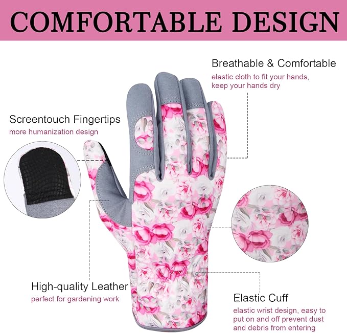 Leather Gardening Gloves for Women Thorn Proof Garden Gloves Touch Screen Working Gloves Gifts