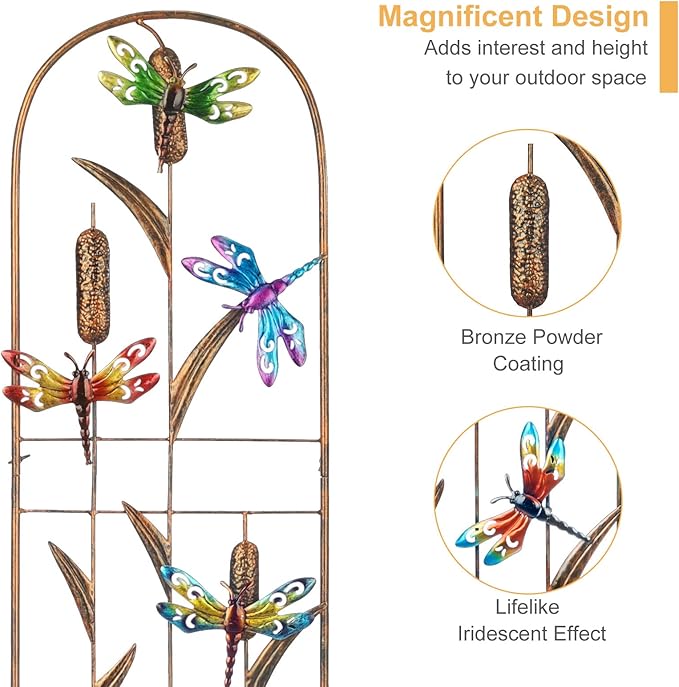 2 Pack Metal Garden Trellis with Colorful Dragonfly 60 Inch High Outdoor Decoration Arched Fence Trellis for Climbing Plants for Patio, Lawn, Yard, Backyard, Wall Brackets