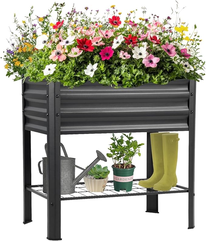 Raised Garden Bed with Legs and Shelf, 2pcs 31.8x20x31.5inches Elevated Metal Planter with Legs for Outdoor Vegetables and Herbs, Standing Raised Beds for Balcony, Patio, Lawn and Backyard