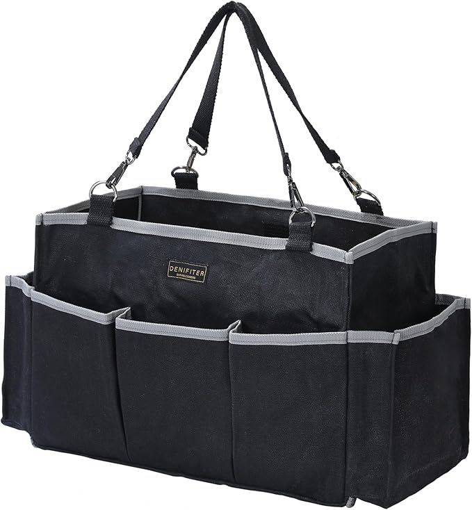 Denifiter Waxed Canvas Tool Pouch,1 Large Capacity Tool Storage Tote & 8 External Slots, 15 X 9.8 X 7.8 inch Muti-Purpose Tool Bag with Adjustable Shoulder Strap | Black