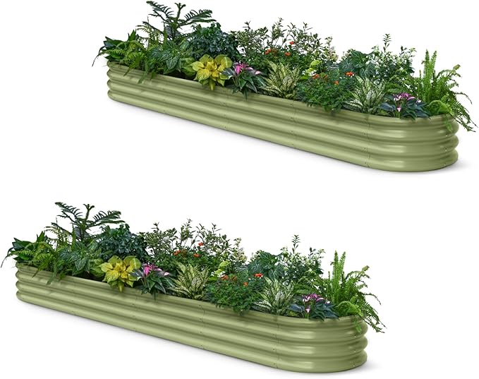 2-Pack Galvanized Raised Garden Bed 10x2x1 | 8x4x1 ft, 12" Tall Metal Planter Box for Outdoor Plants, Modular Raised Flower Bed Rust Resistant Coating, Long Planter for Vegetable - Moss Green