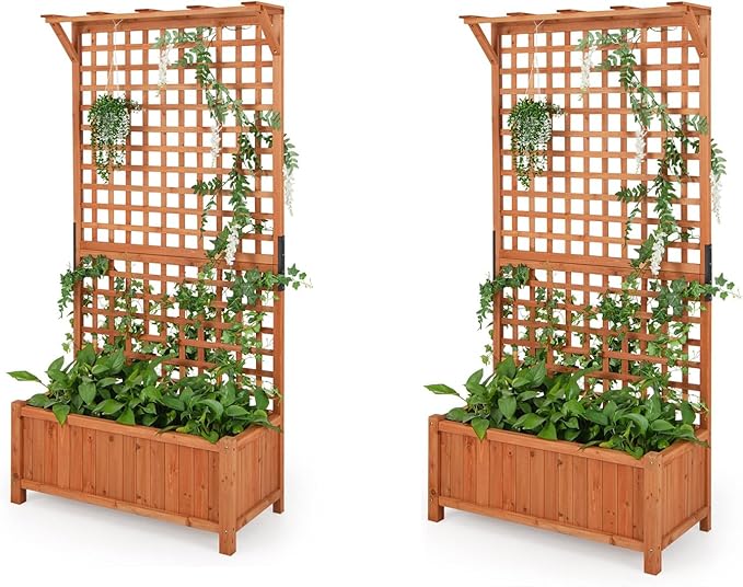 HAPPYGRILL 2 Pcs Raised Garden Bed, 72.5" Garden Planter with Trellis, Drainage Holes, Freestanding Garden Planter for Vine Climbing Plants, Wooden Planter Box for Yard Balcony