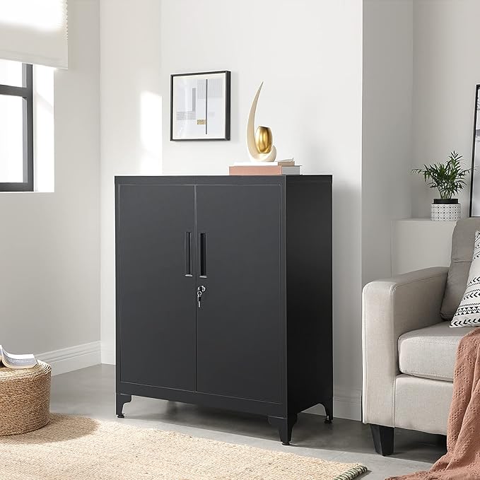 SONGMICS Garage Cabinet, Metal Storage Cabinet with Doors and Shelves, for Home Office, Garage and Utility Room, Black UOMC013B01