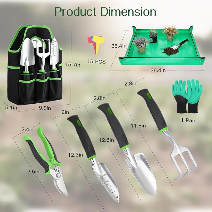 Housolution Gardening Tools Set, 8PCS Heavy Duty Garden Tools with Non-Slip Rubber Grip with Large Garden Bag for Tools Aluminum Alloy Hand Tools for Gardening,Gardening Gifts for Women and Men, Green
